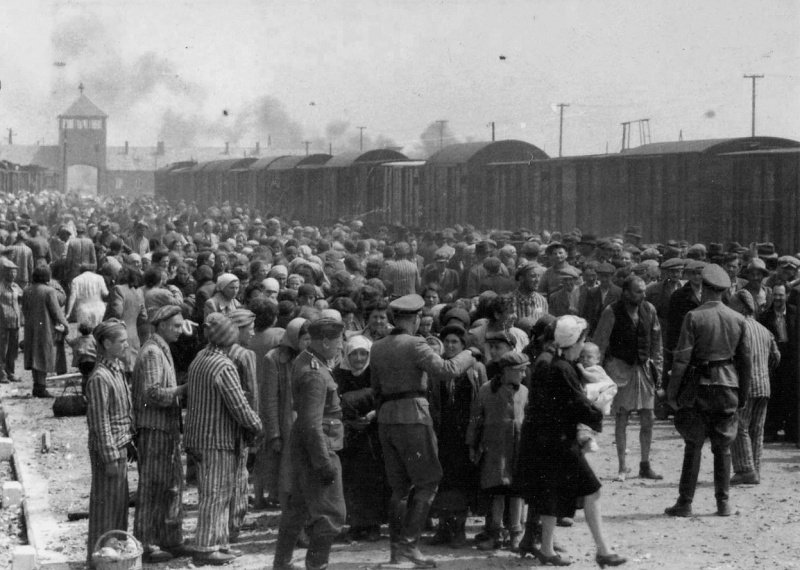 Прибытие эшелона с новыми узниками в концлагерь Освенцим (Биркенау-Аушвиц)
